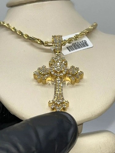Colgante Cruz Para Hombre Chapado en Oro Amarillo 14k 3Ct Corte Redondo Diamante Creado en Laboratorio - Imagen 2 de 5