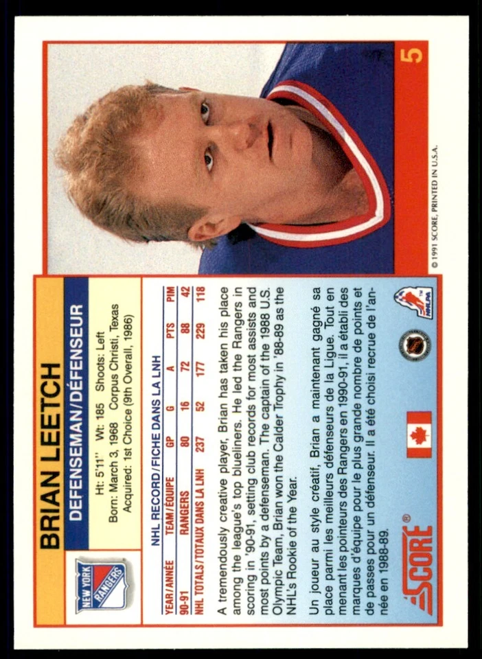 1991-92 Score Canadian Bilingual Brian Leetch #5 - Image 2 of 2