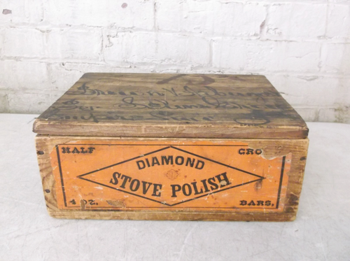 Vintage Wooden 'Diamond Stove Polish' Box w/ Lid ~ 11 1/2" x 8 3/4" x 4 3/4"