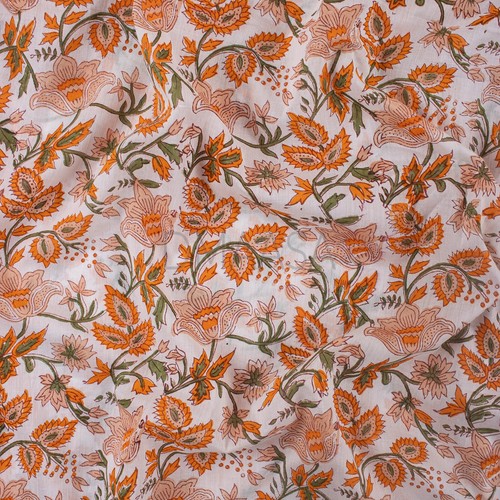 Orange Green Hand Block Floral Print Fabric Summer Dress Making Clothing By Yard - Picture 5 of 5