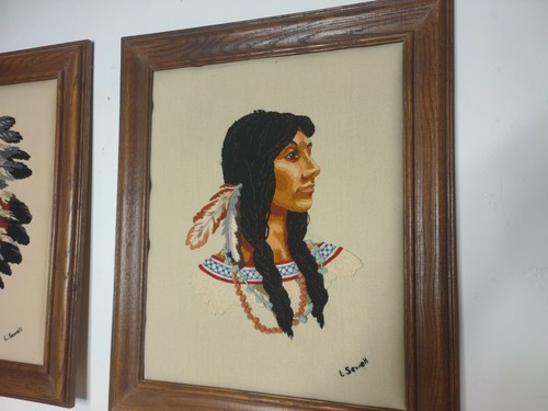 Pair Vintage Crewel Native American Indian Framed Embroidery Art Needlework - Picture 7 of 12