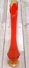 Vintage MCM Fenton Valencia Orange Amberina 16.5” 8 Finger Ribbed Swung Vase.