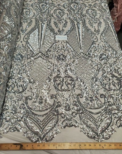 Silver 4 Way Stretch Nylon Spandex Mesh Sequin Embroidered Fabric "Melanie" - Picture 3 of 9