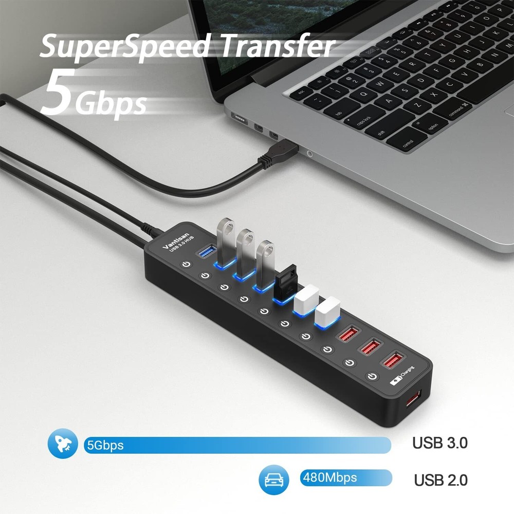 11-Port Powered USB 3.0 Hub with 7 High-Speed Data Ports and 4 Charging Ports