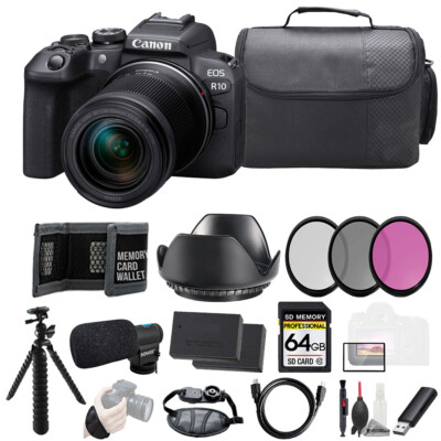 Canon EOS R10 with 18-150mm Lens + Mic +64GB +Ext Bat+3 PC Filter- Kit