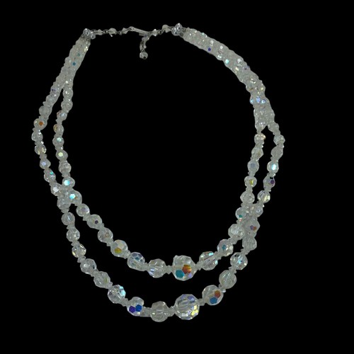 VTG Crystal Necklace Clear Aurora Borealis Disc Shaped Bead Double Strand 17-19"