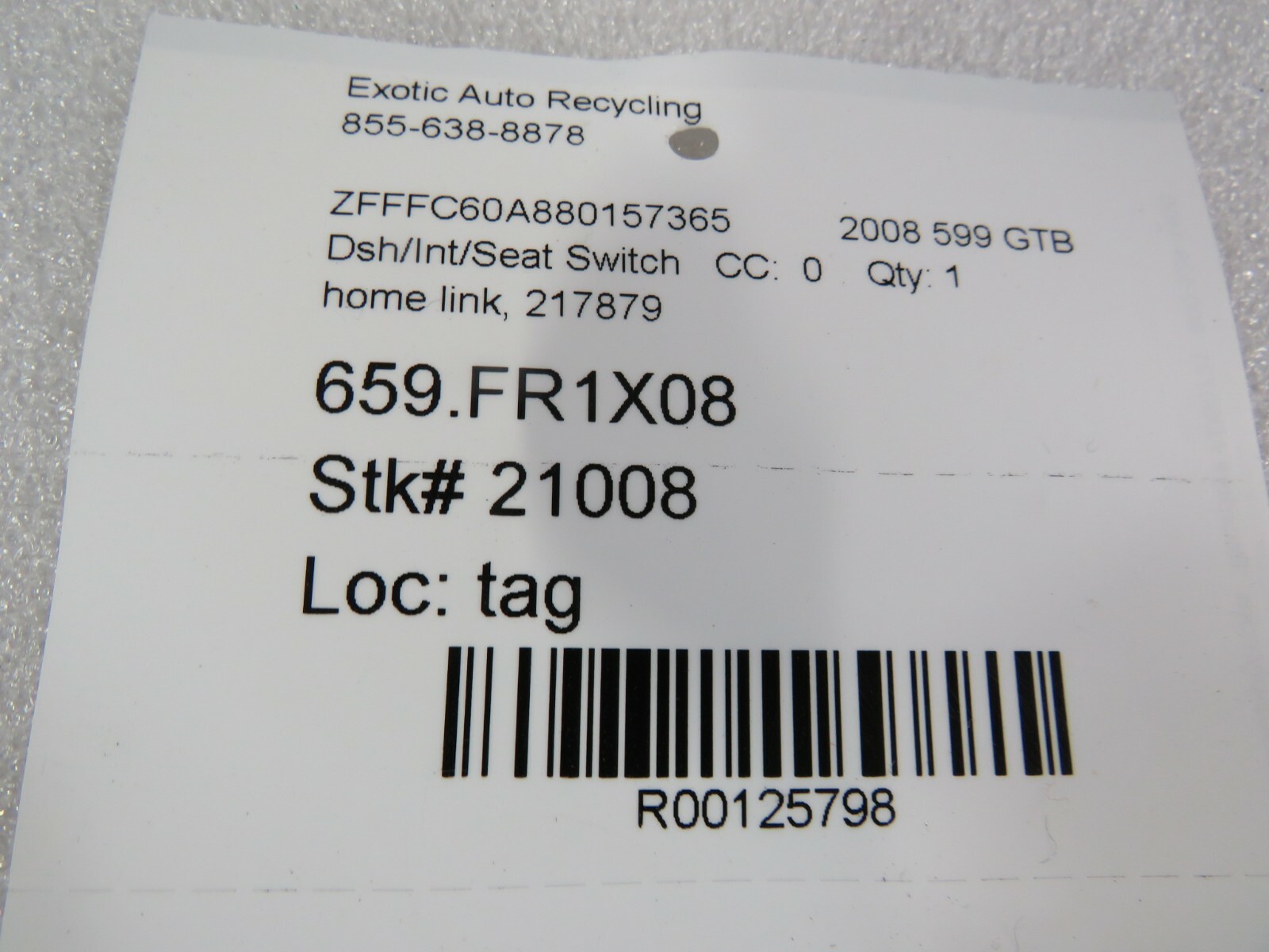 Ferrari 599 GTB, 612 Scaglietti, Home Link Seat Switch, Used, P/N 217879