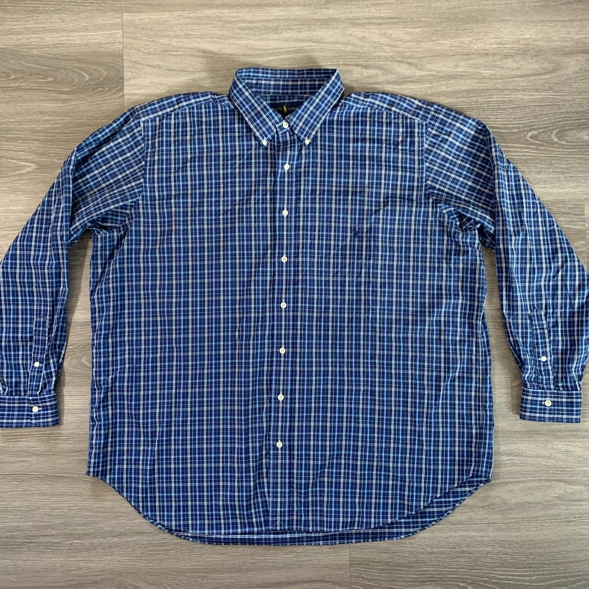 Ralph Lauren Performance Shirt Mens 2XB Button Down Blue Plaid Stretch Nylon