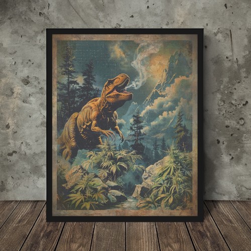 Vintage CANNABIS DINOSAUR Wall Art, Jurassic Marijuana Decor, Reptile 420 Poster - Picture 1 of 21