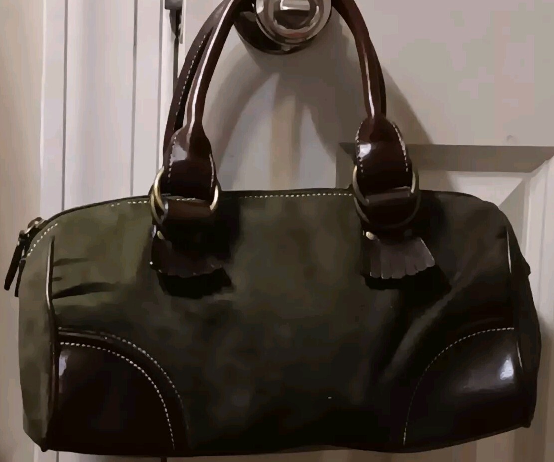 Tommy Hilfiger Green Suede and Brown Leather Handbag-image