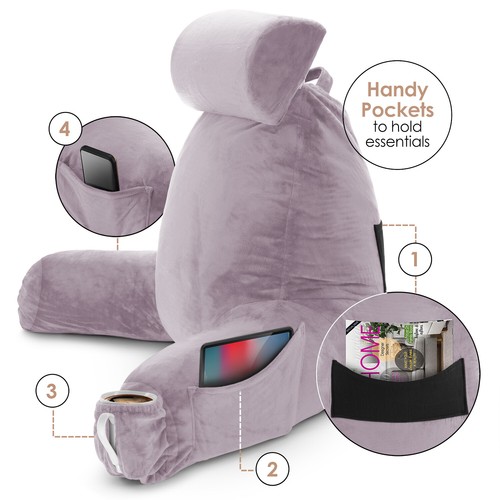 Large Soft Foam Reading & TV Relax Pillow + 2 Neck & Lumbar Pillows with Pockets - Picture 361 of 402