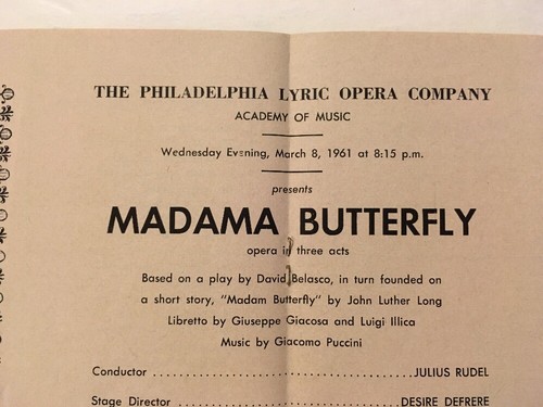 1961 Madama Butterfly Program Philadelphia Lyric Opera Company Julius Rudel - Foto 2 di 9