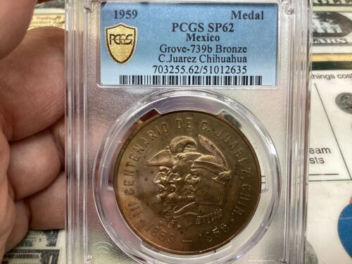 Mexiko 1959 Medaille Bronze Hain 739B Pcgs SP62 1 feiner C. Juarez Chihuahua rar - Bild 2 von 4