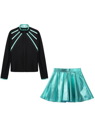 Kids Girls Costume Dance Dancewear Shiny Outfits Top Skirt A-Line Jacket Soft - Picture 13 of 60