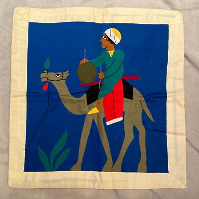 Man Riding Camel Egyptian Pieced Cotton Appliqué Textile Art Pillow Sham