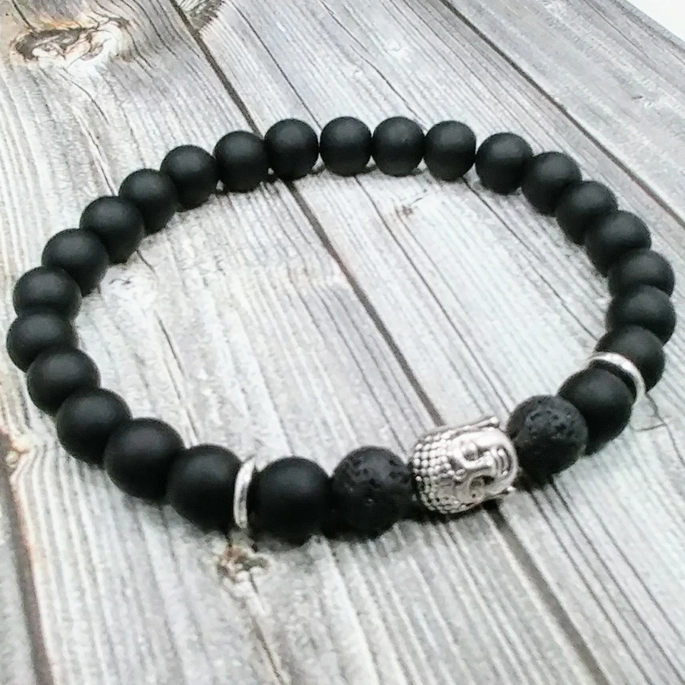 Pulsera de hombre con cuentas de piedras preciosas de lava + ónix 8 mm Buda Zen artesanal de plata 8" L Foto 2 de 4