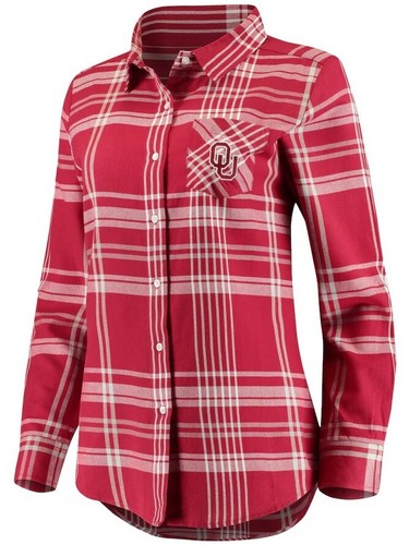 Oklahoma Sooners Women's Missy Boyfriend Crimson Plaid Button Up Flannel Shirt - Picture 2 of 5