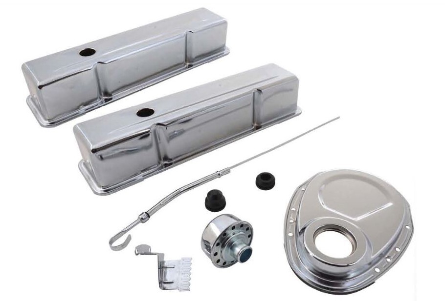 1958-86 Chevy SBC Chrome Engine Dress-Up Kit Tall Valve Covers Timing ...