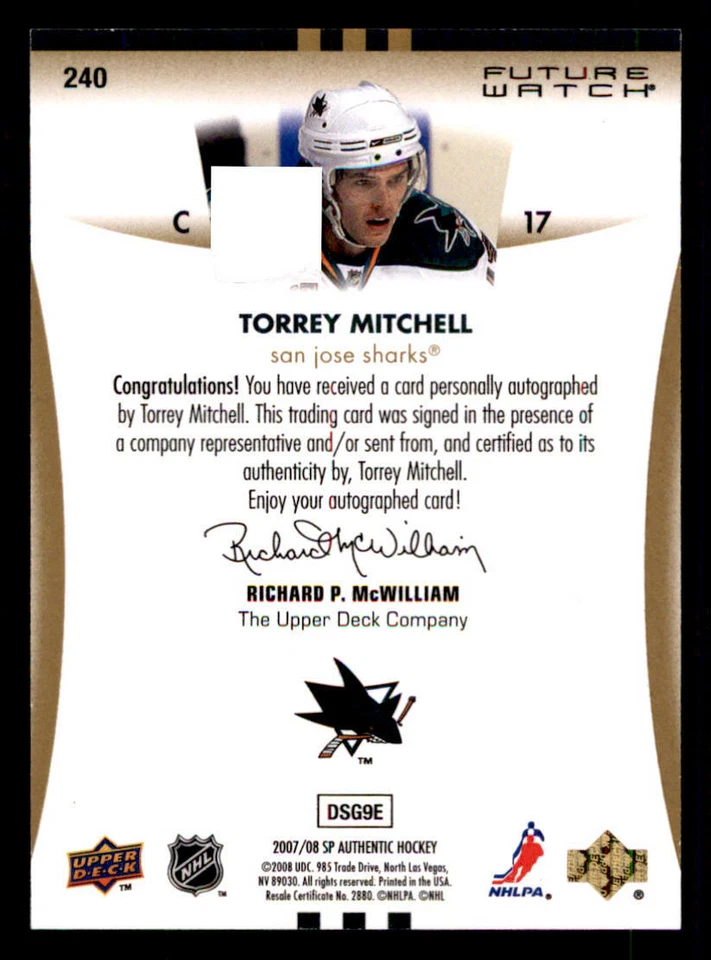 2007-08 SP Authentic #240 Torrey Mitchell AU RC /999 (ref 239951) - Image 2 of 2