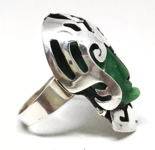 Vtg Mexican Mayan Warrior Carved Jade 925 Sterling Silver Ring Sz O½ Adjustable - Picture 5 of 12