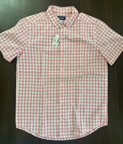 New The Children's Place Boys XXL (16) Short Sleeve Bottom Down Dress Shirt Pink - Picture 2 of 7