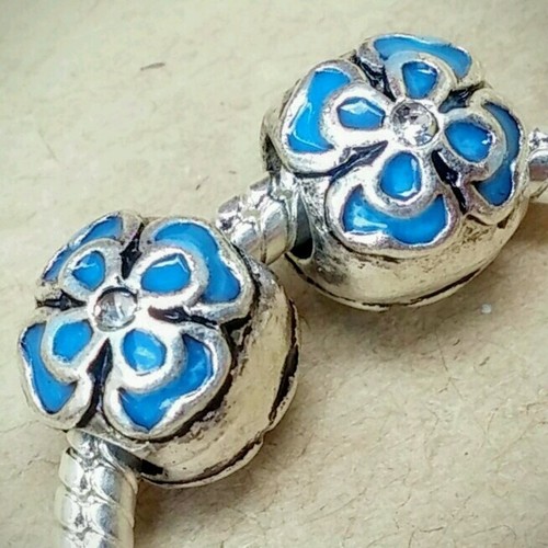 2 pezzi ciondoli distanziali europei placcati argento oceano AQUA BLUE fiore zirconi trasparenti - Foto 3 di 12