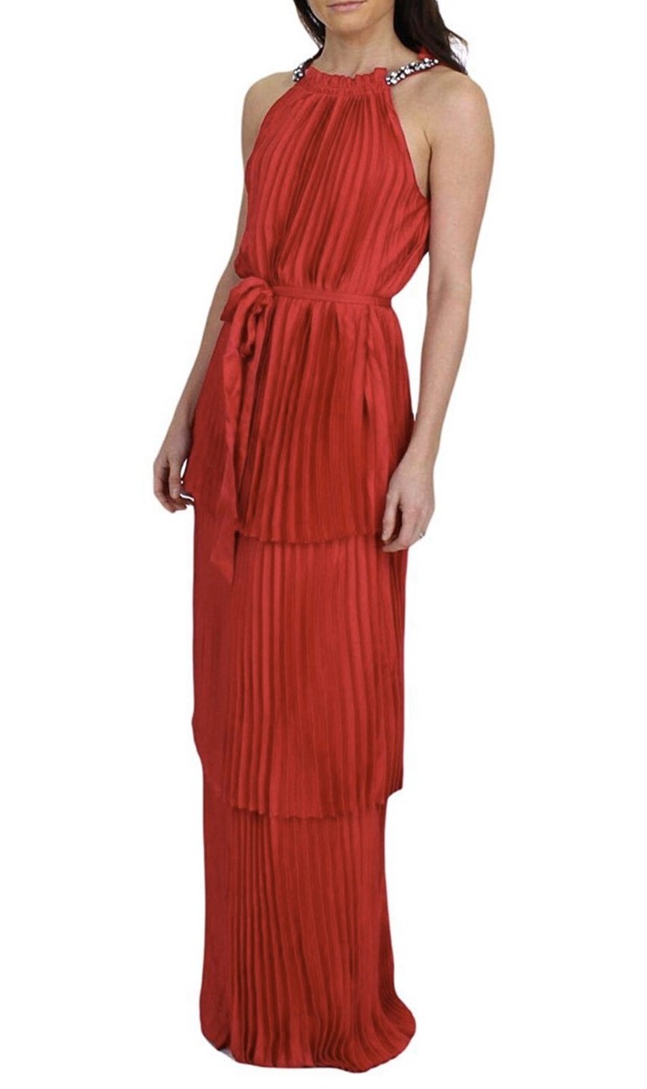 strapless open back dress Elvira Pleated Satin Halter Maxi Dress