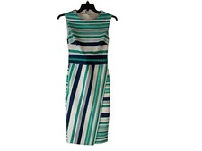 Eva Mendes Career Work Dress Blue Green White Striped Size XS