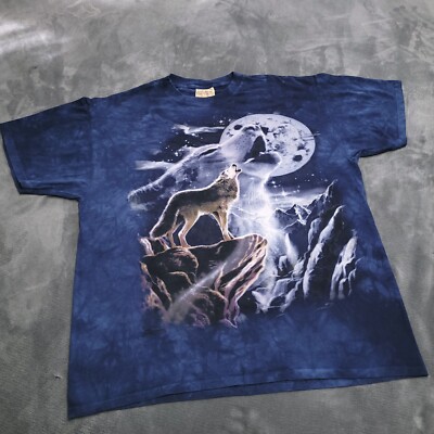 Vtg Y2K The Mountain Wolf Moon Tie Dye Acid Wash Wolves Howl XL Shirt Made USA