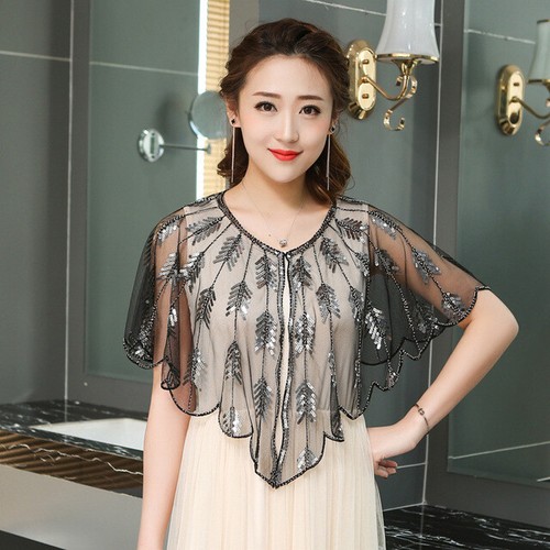 Sheer Bolero Shrug Wedding Prom Dress Wrap Handcraft Cape Amice Sequin Elegant - Picture 12 of 28