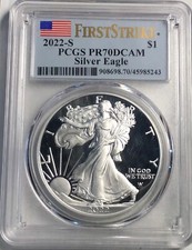 2022 S PROOF $1 ONE AMERICAN SILVER EAGLE PCGS PR70DCAM FIRST STRIKE USA FLAG