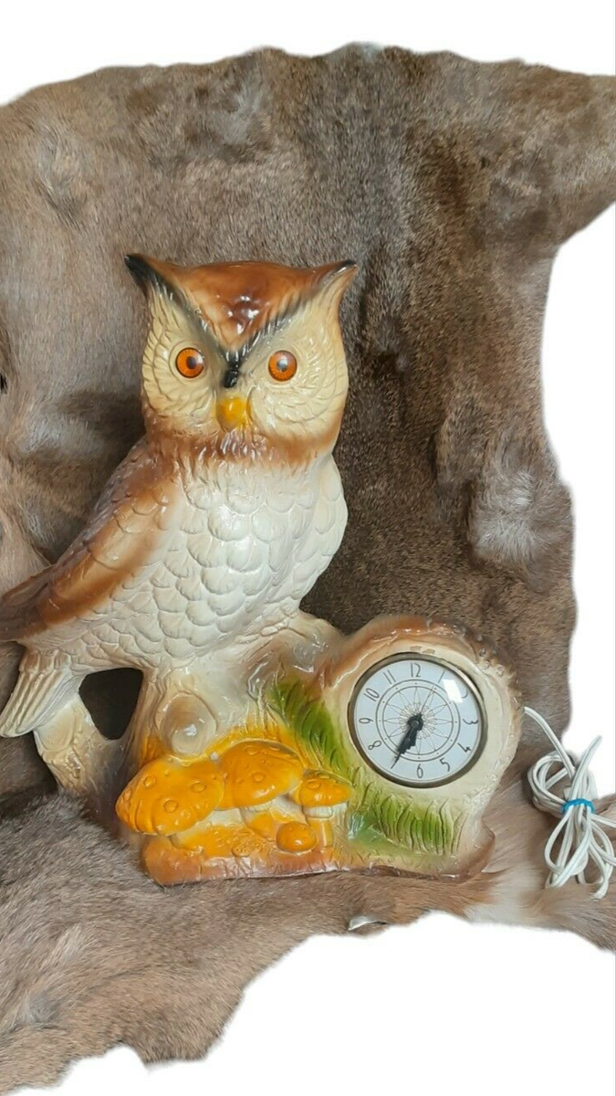 Vintage Chalkware Lanshire Owl & MushroomsTable Clock MCM w Tags