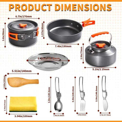 Camping Cookware Mess Kit, Non-Stick Lightweight Portable Pot Pan Kettle Set ... - Picture 6 of 6