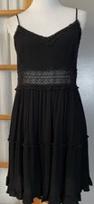 Y2K Tiered Mini Slip Dress Sz L Crinkled Black Lace Waistband Beach Goth READ