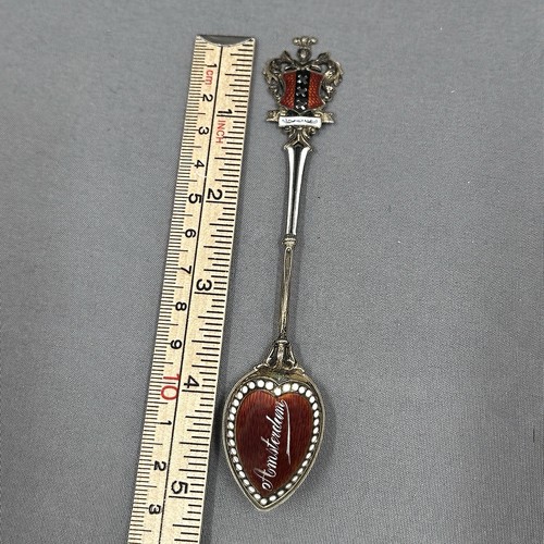 Antigua cuchara de recuerdo de plata 800 Amsterdam guilloché esmalte rojo cresta holandesa - Imagen 8 de 8