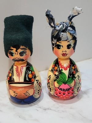 Vintage Russian Matryoshka Hand Painted  Wobble Dolls Roly Poly Set Of 2 