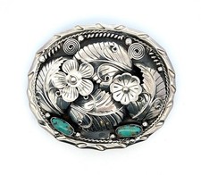 Taxco Mexico 950 Silver Floral Turquoise Stones Belt Buckle 2 Belt Width 109.2g