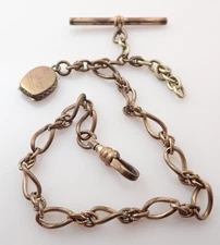 Antique Gold Filled Fancy Link 10.75" Pocket Watch Chain w/ Photo Locket Fob