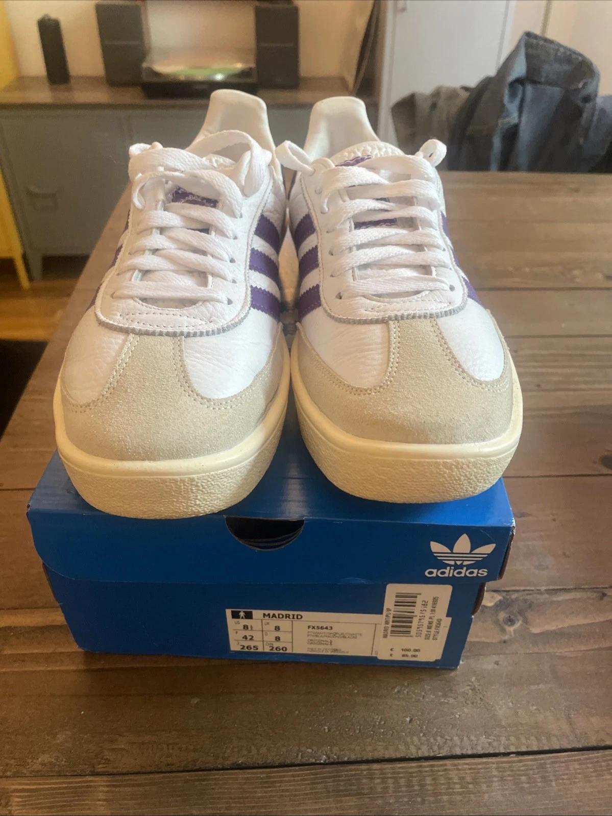 ADIDAS Madrid Scarpe da Ginnastica Uomo Pelle Bianco Viola UK8 (X124)