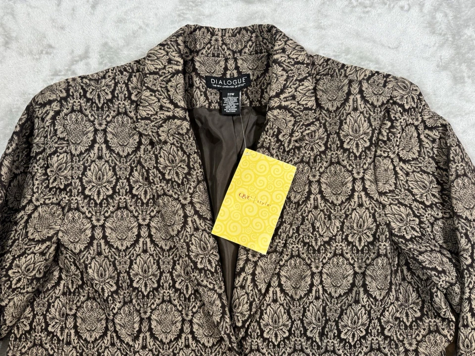 Dialogue Jacket Womens 22W Black Gold Jacquard Damask Stretch Knee Length Blazer - Image 2 of 4