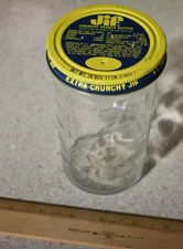 Vintage JIF CRUNCHY PEANUT BUTTER Spread 18 Oz GLASS Embossed JAR & LID READ