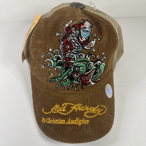 NWT Vintage Y2K Don Ed Hardy Trucker Hat SnapBack Brown Tiger Corduroy READ - Picture 2 of 7