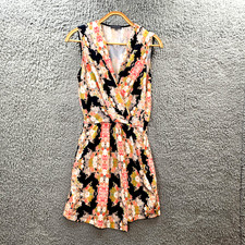 Vintage Sheike Womens Wrap Dress Size 8 Black Orange Green Floral Sleeveless