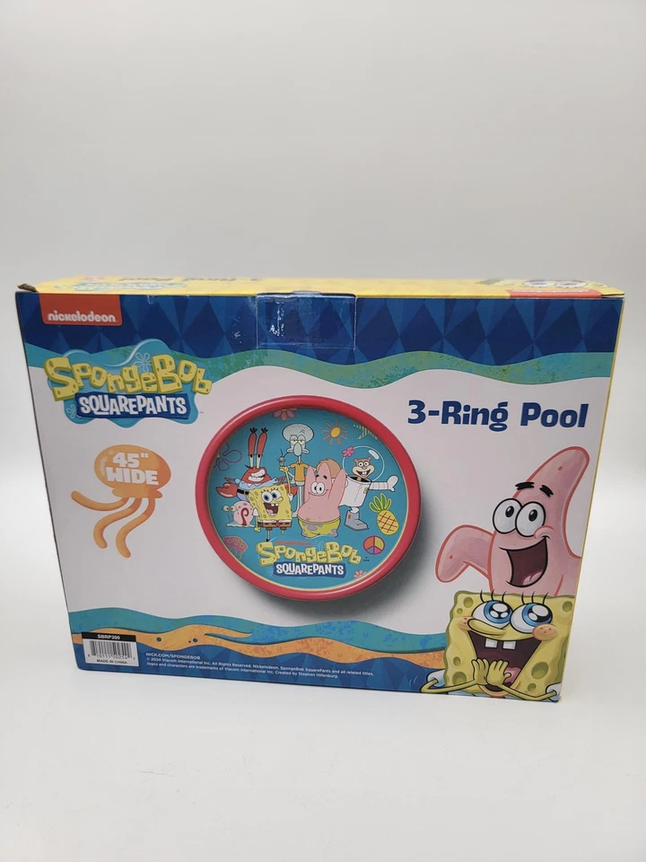 NUEVO Bob Esponja Pantalones Cuadrados 3 Anillos Inflable Piscina Infantil 45" Ancho Nickelodeon Foto 2 de 4