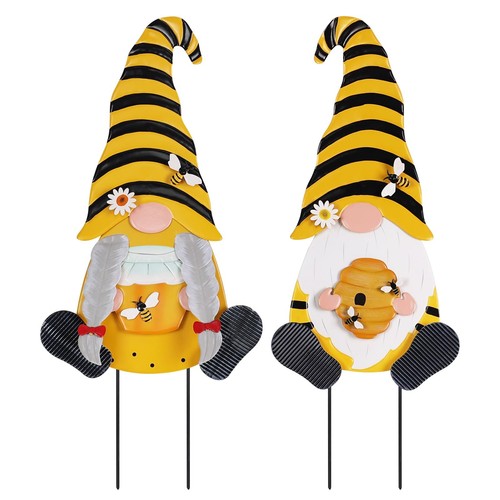 Metal Gnome Decorative Garden Stakes, 2 Pcs Outdoor Garden Decor with Honeybe...