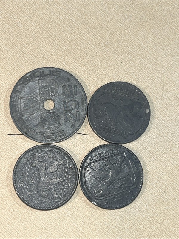 4-BELGIUM 1 FRANC 1941-43, 1943 25CENTS WORLD WAR II KING LEOPOLD III
