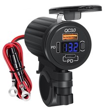Motorcycle USB Charger for Phone, 3 Ports 78W Blue Digital Voltage Display