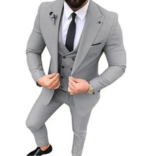 Mens 3 Piece Slim Fit Wedding Suit Gray Blazer Waistcoat Trousers Set