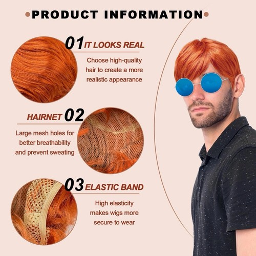 Mens Wig with Sunglasses Short Ginger Boyband Costume Accessories/ Fancy Dress - Picture 2 of 5