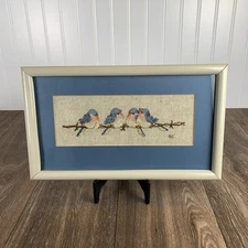Vtg 80s Carolyn Shores “The Nestlings” Birds Framed Matted Cross Stitch Picture